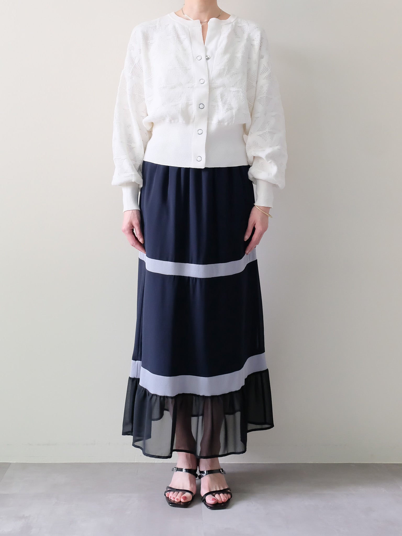配色リブ切替シフォンスカート [601453] dark navy