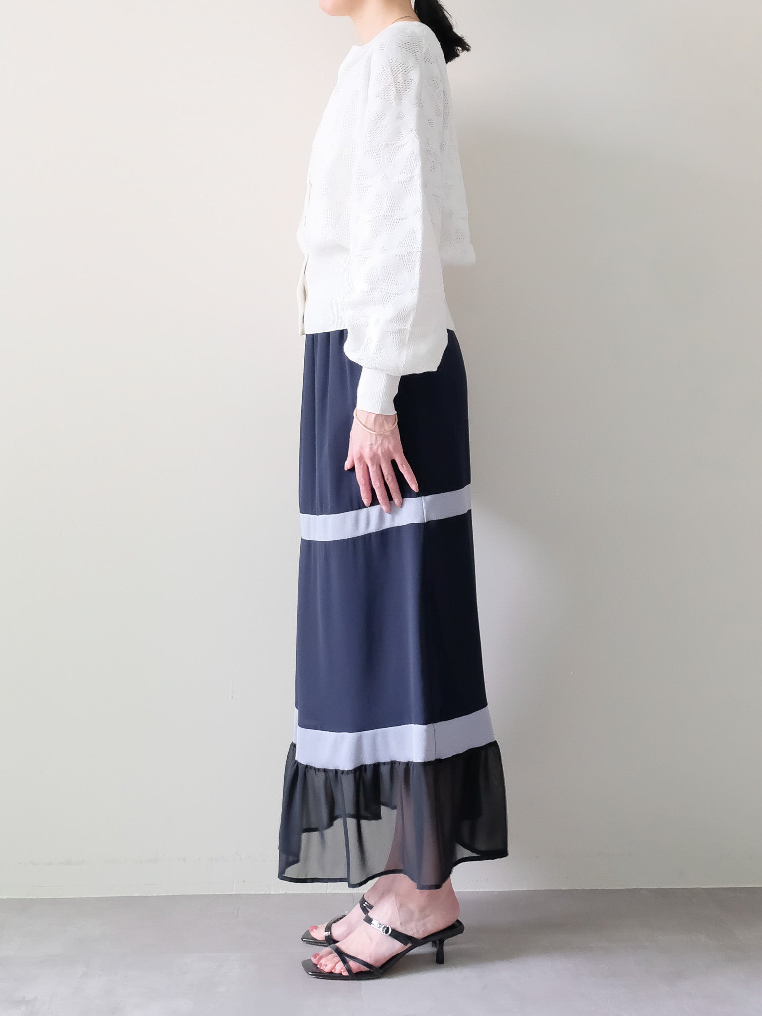 配色リブ切替シフォンスカート [601453] dark navy
