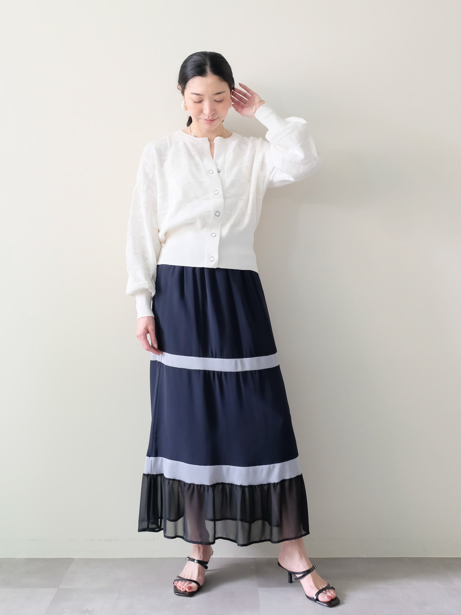 配色リブ切替シフォンスカート [601453] dark navy