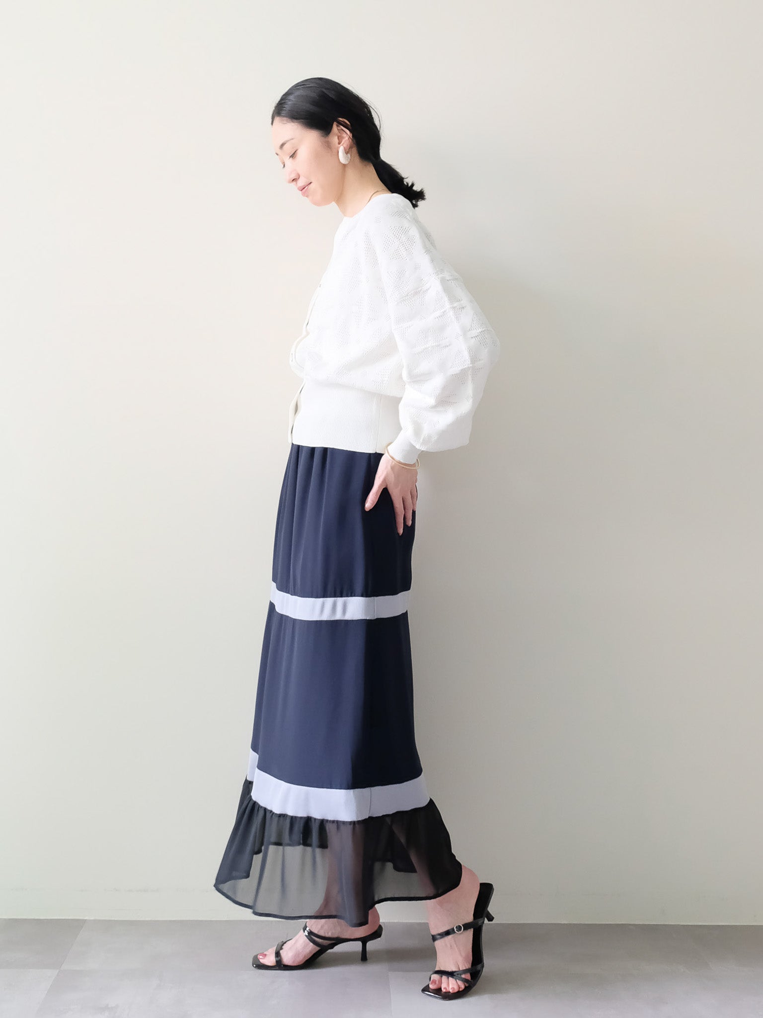 配色リブ切替シフォンスカート [601453] dark navy