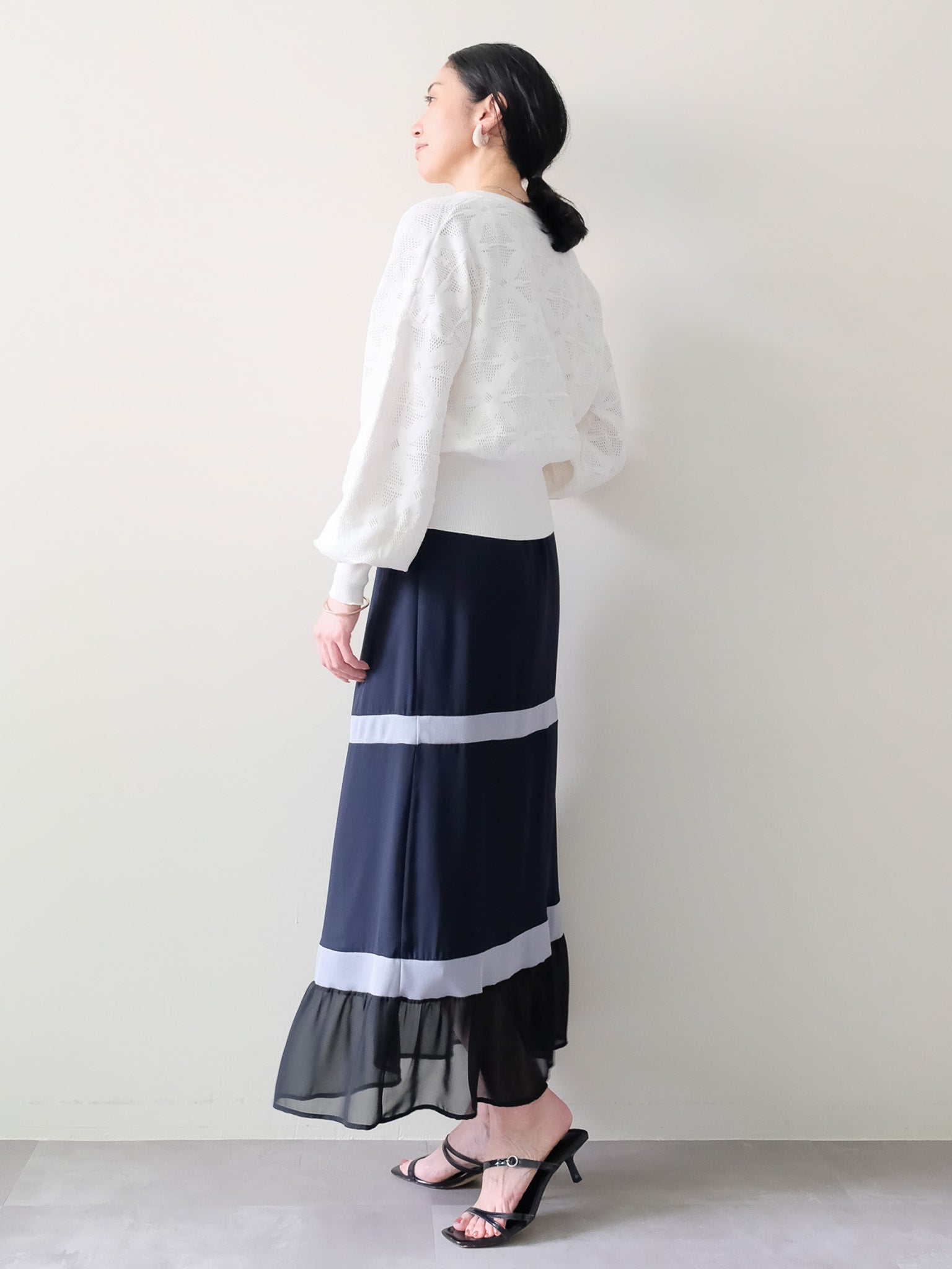 配色リブ切替シフォンスカート [601453] dark navy