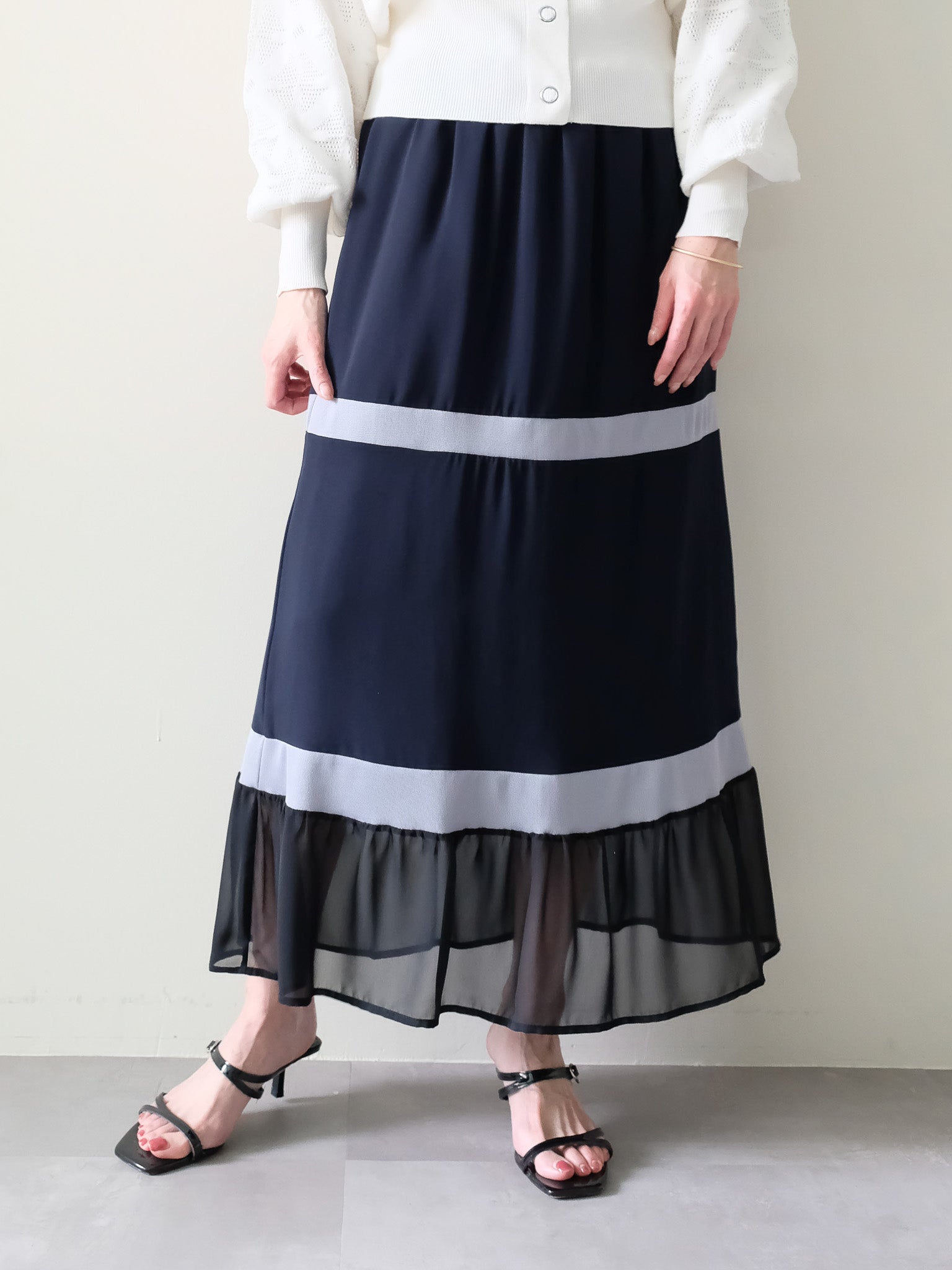 配色リブ切替シフォンスカート [601453] dark navy