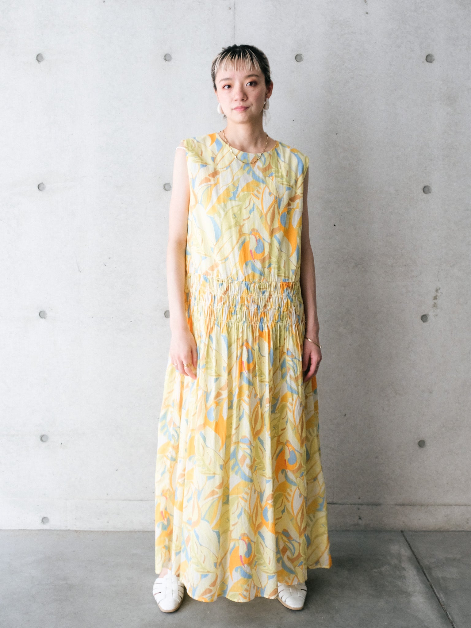 Botanical Bird Shirring Dress(ボタニカルバードシャーリングワンピース)[601568]yellow
