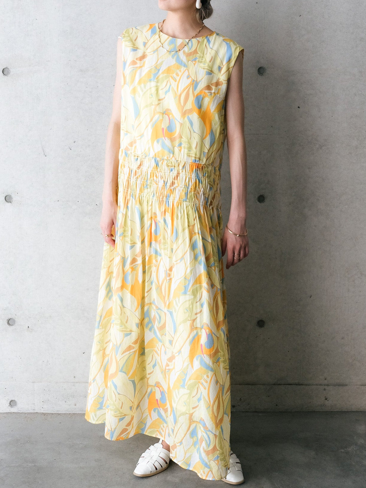 Botanical Bird Shirring Dress(ボタニカルバードシャーリングワンピース)[601568]yellow
