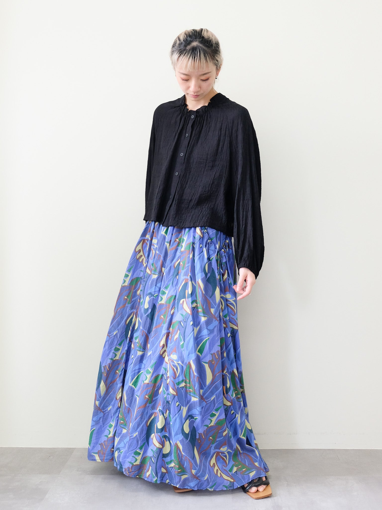 Botanical Bird Side-Tie Maxi Skirt(ボタニカルバードサイドリボンマキシスカート)[601567]blue