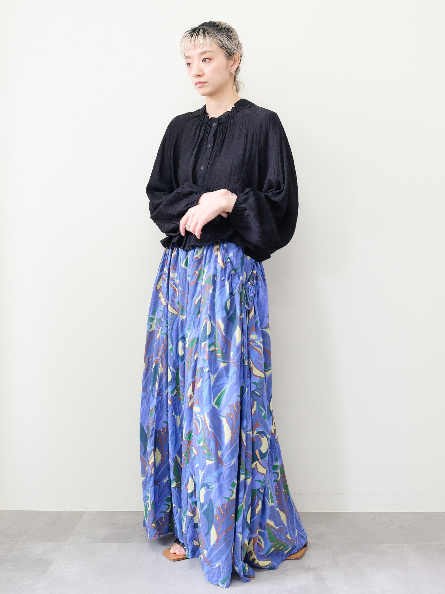 Botanical Bird Side-Tie Maxi Skirt(ボタニカルバードサイドリボンマキシスカート)[601567]blue