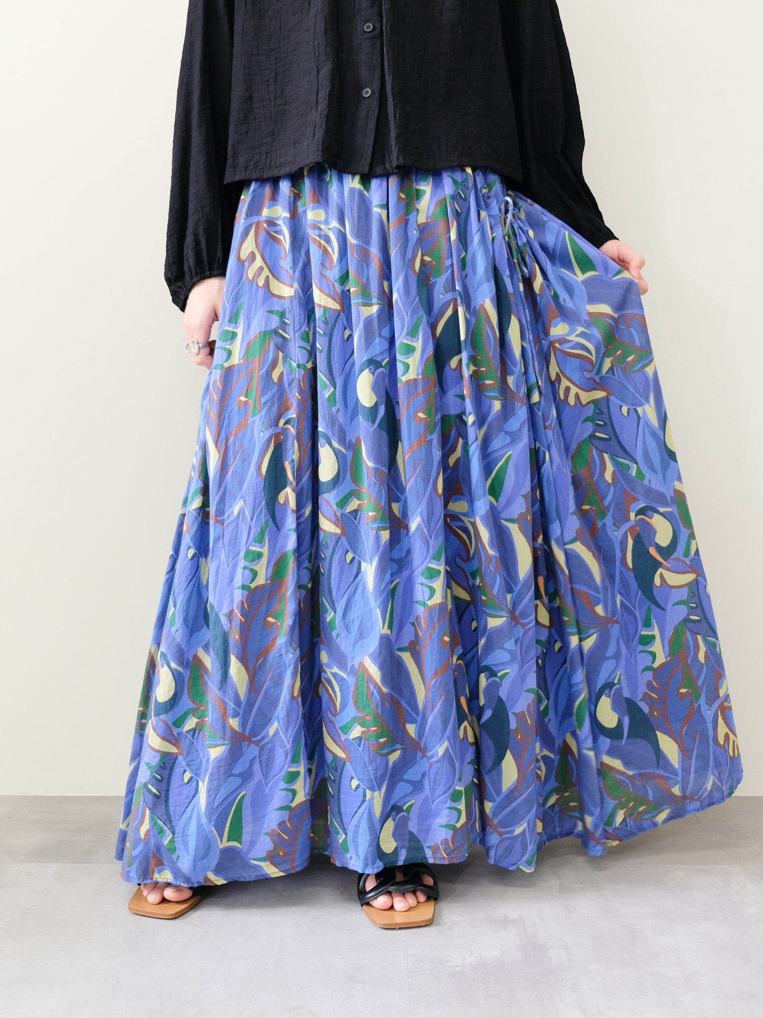 Botanical Bird Side-Tie Maxi Skirt(ボタニカルバードサイドリボンマキシスカート)[601567]blue