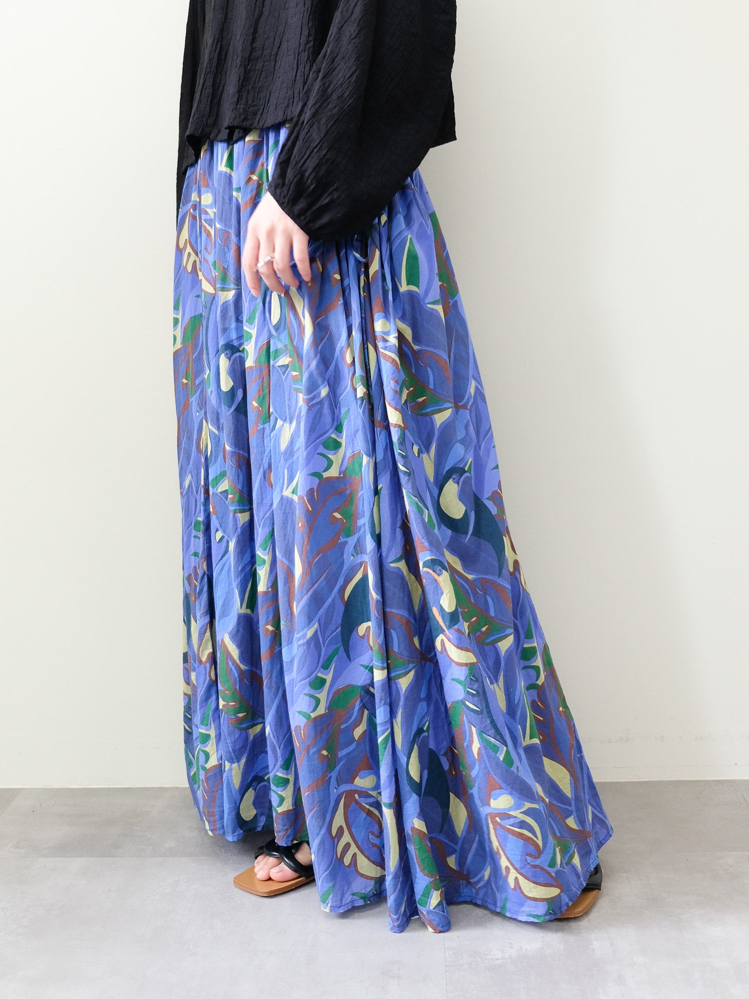 Botanical Bird Side-Tie Maxi Skirt(ボタニカルバードサイドリボンマキシスカート)[601567]blue