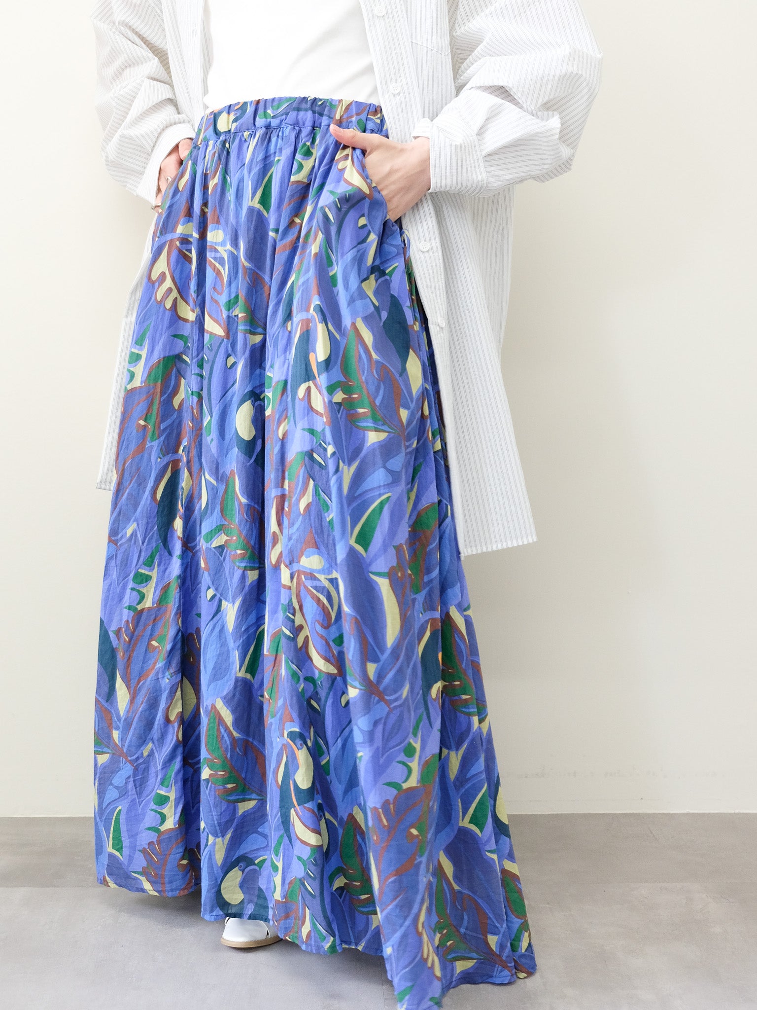 Botanical Bird Side-Tie Maxi Skirt(ボタニカルバードサイドリボンマキシスカート)[601567]blue