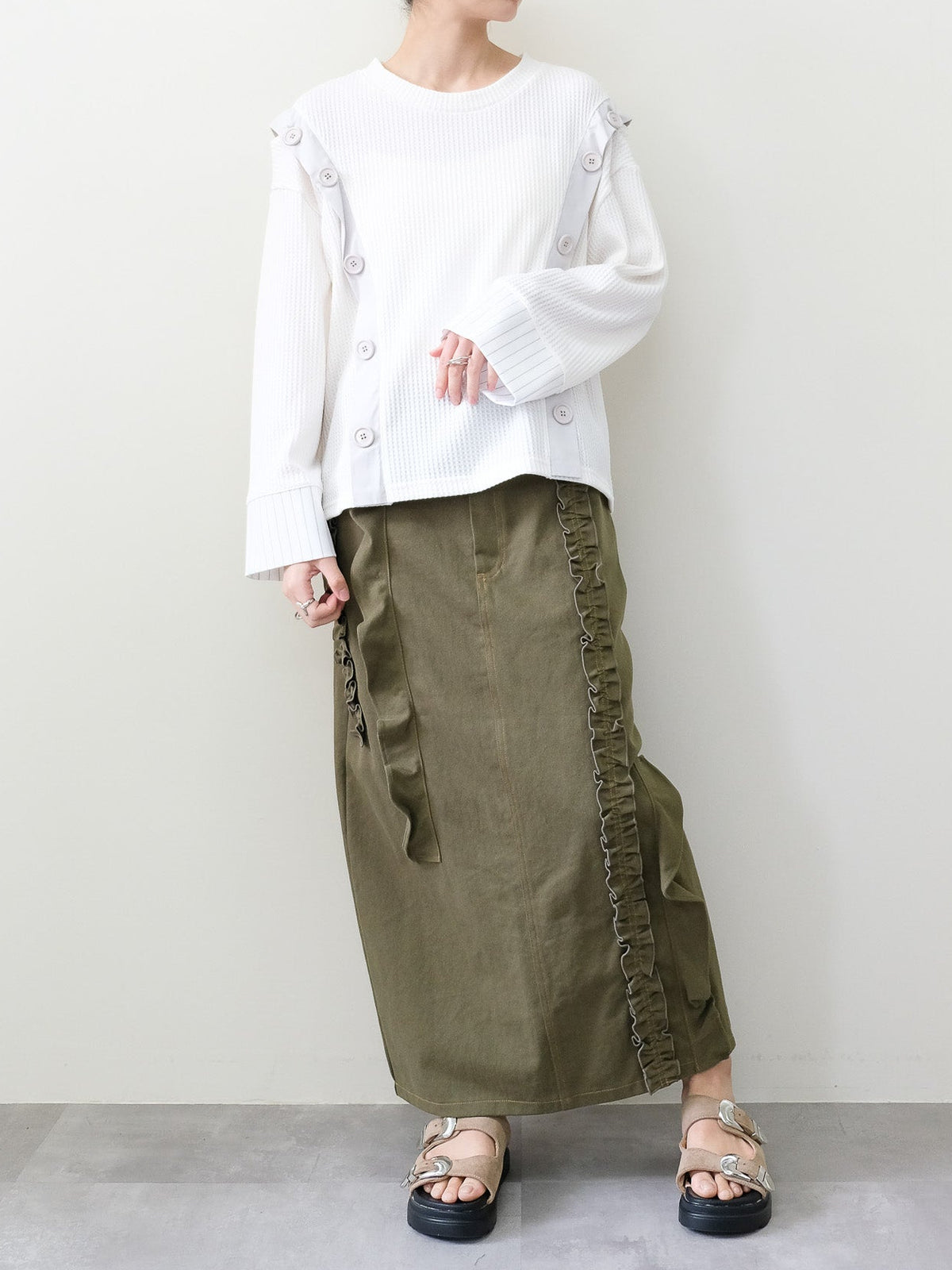 ショルダーオープンワッフルニットライクトップス [601354] off