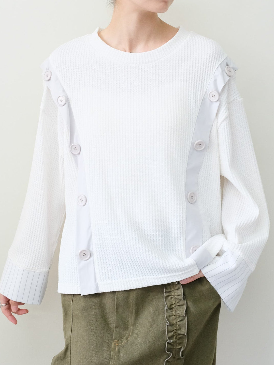 ショルダーオープンワッフルニットライクトップス [601354] off