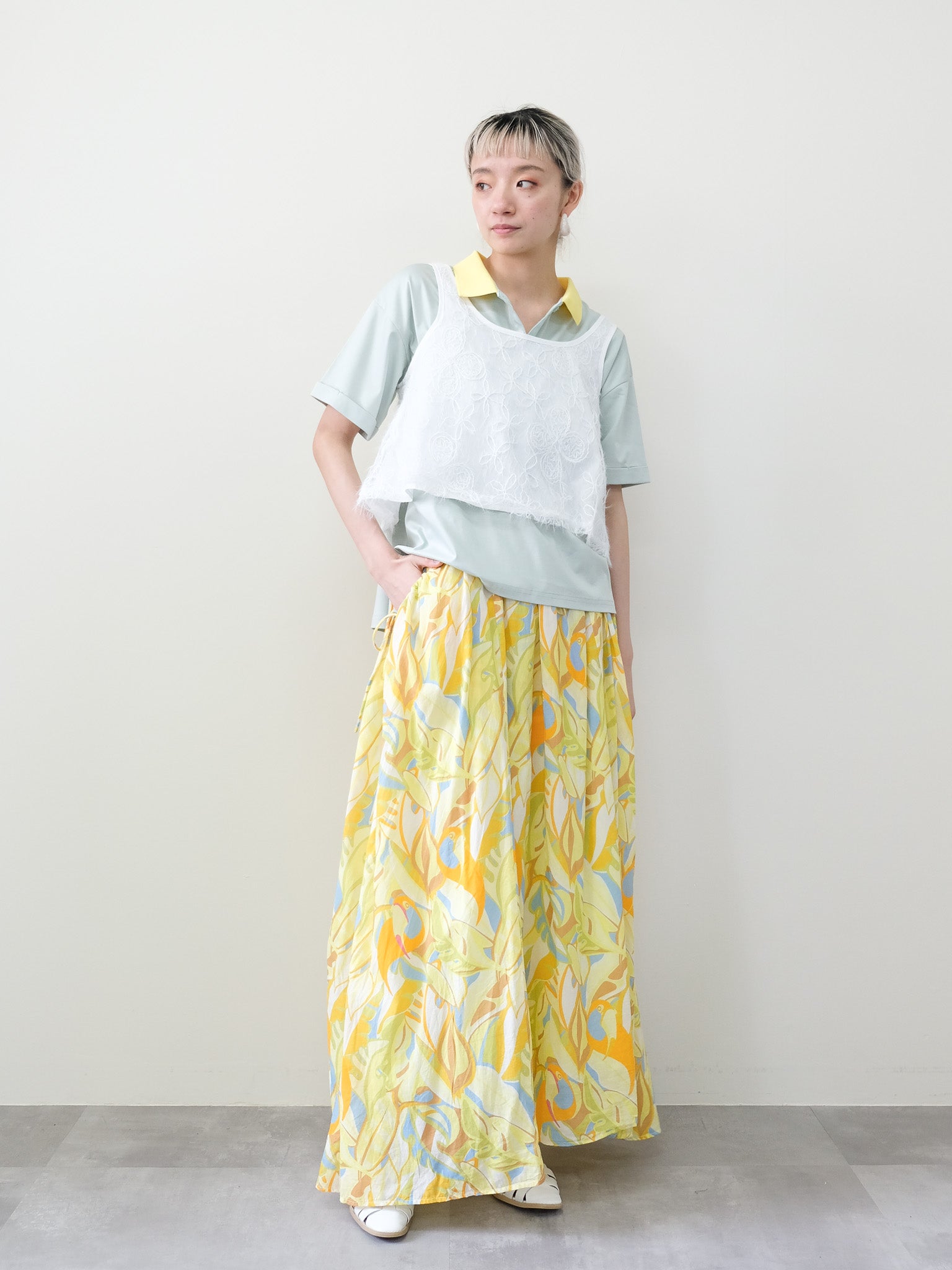 Botanical Bird Side-Tie Maxi Skirt(ボタニカルバードサイドリボンマキシスカート)[601567]yellow