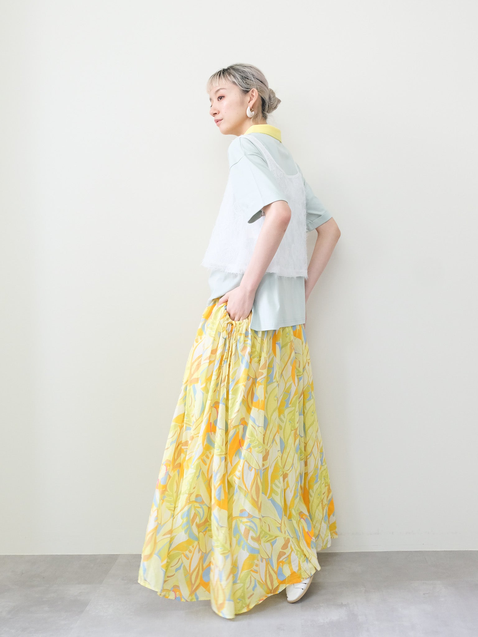 Botanical Bird Side-Tie Maxi Skirt(ボタニカルバードサイドリボンマキシスカート)[601567]yellow