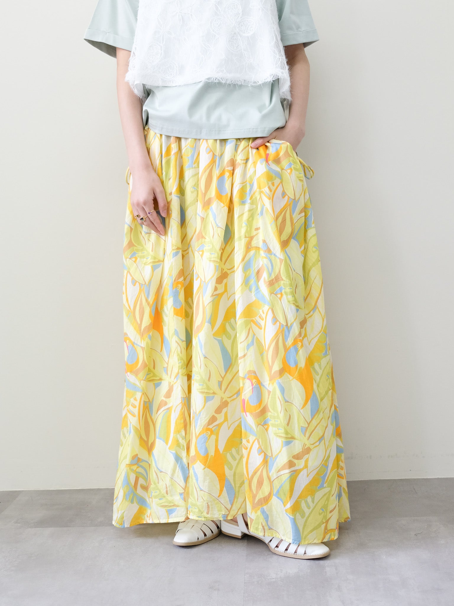 Botanical Bird Side-Tie Maxi Skirt(ボタニカルバードサイドリボンマキシスカート)[601567]yellow