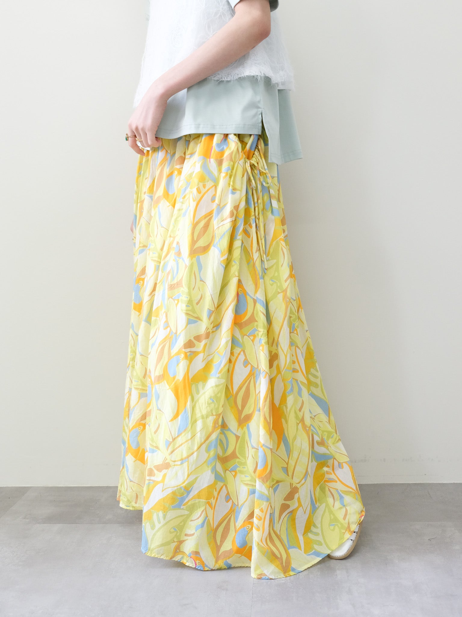 Botanical Bird Side-Tie Maxi Skirt(ボタニカルバードサイドリボンマキシスカート)[601567]yellow