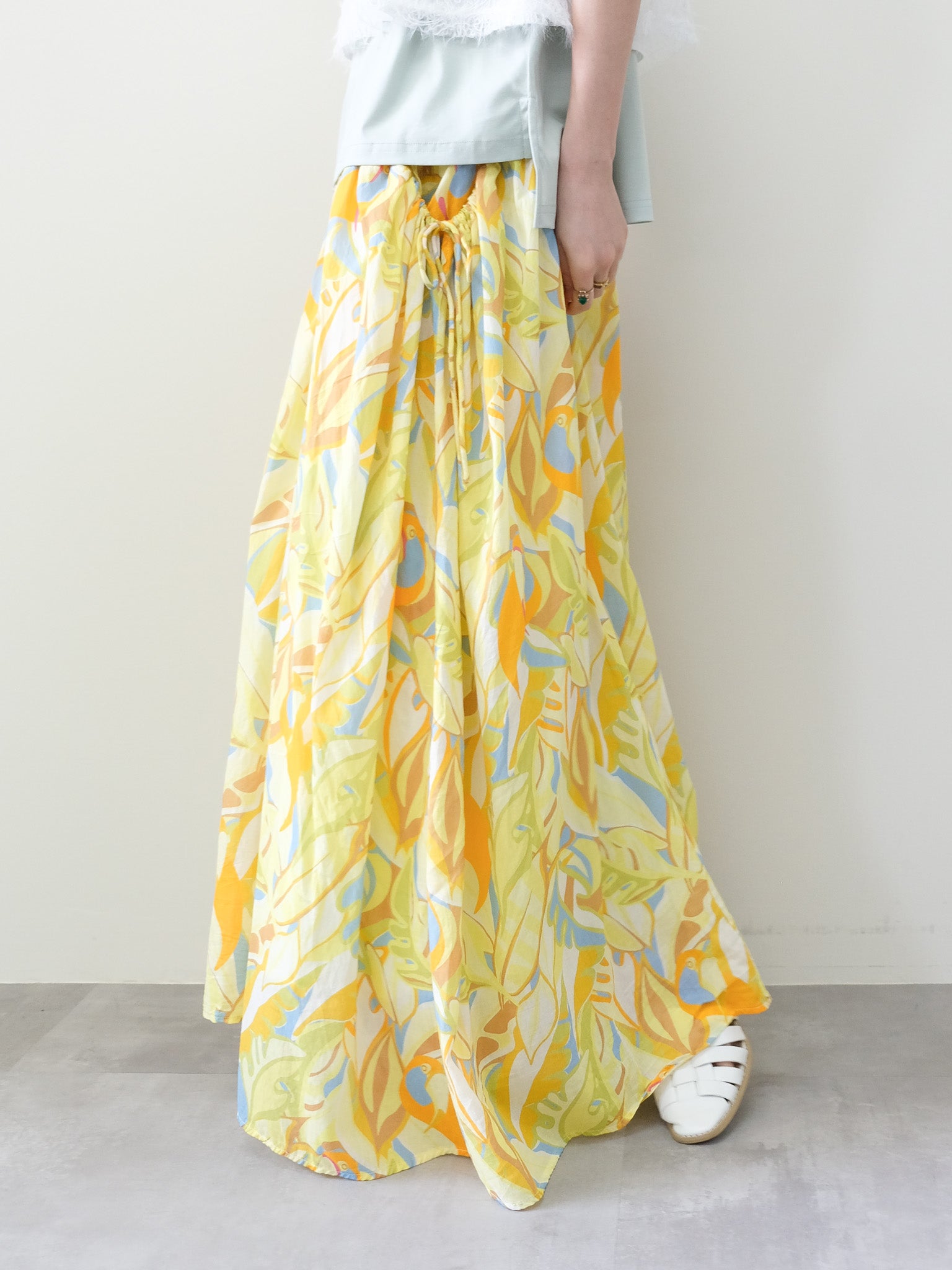 Botanical Bird Side-Tie Maxi Skirt(ボタニカルバードサイドリボンマキシスカート)[601567]yellow