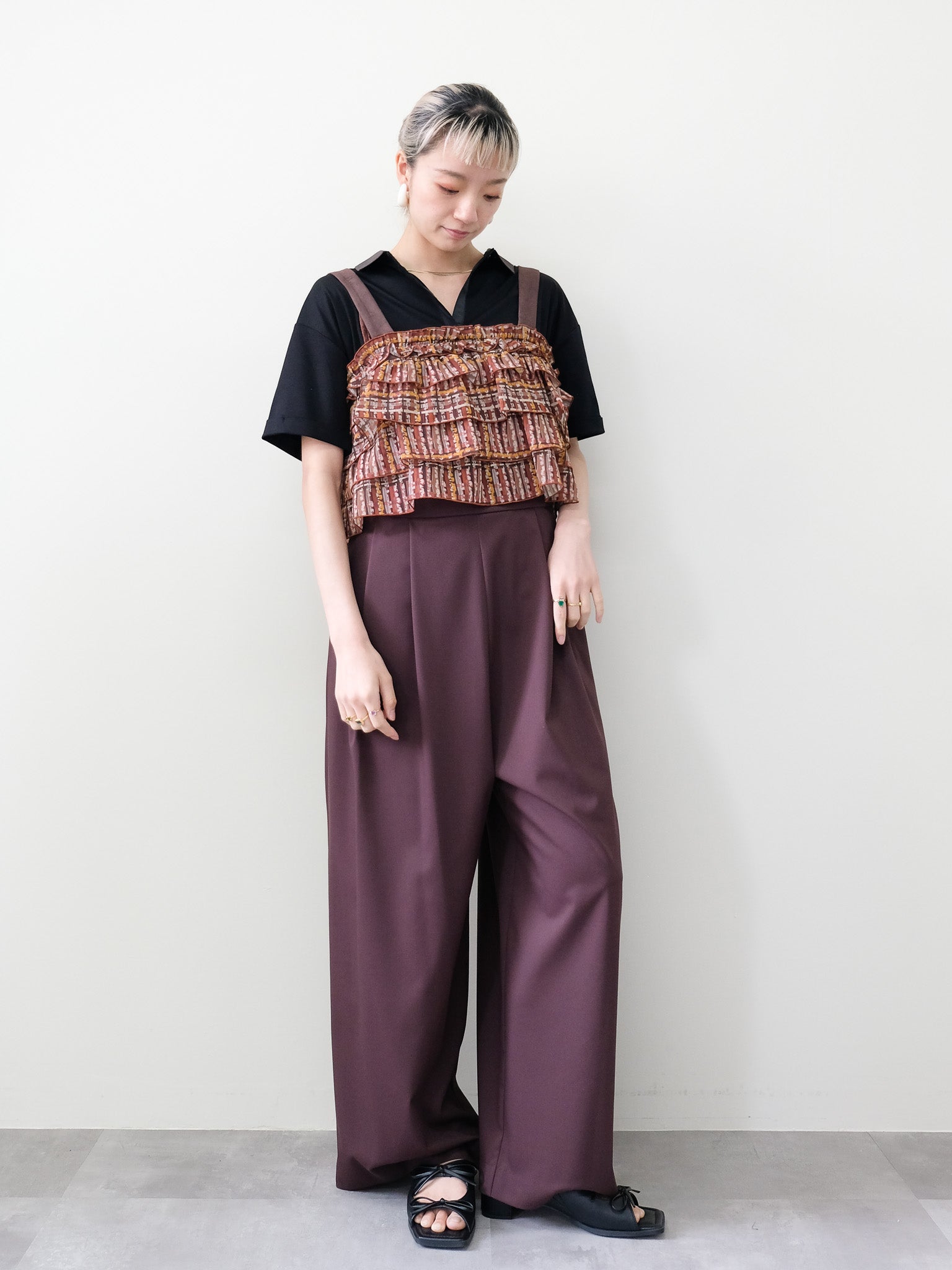 チェックプリントフリルティアードビスチェ [603335] brown