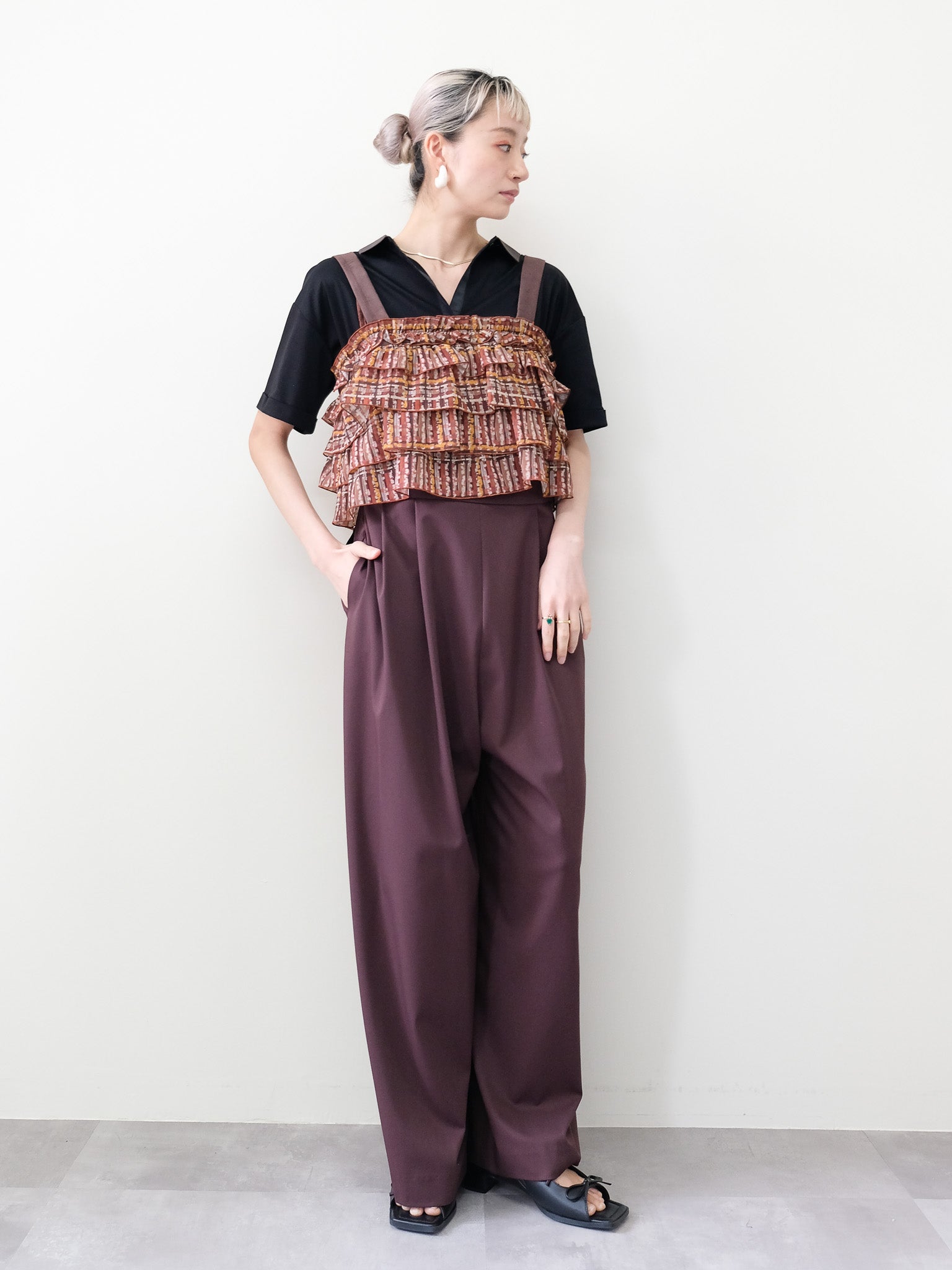 チェックプリントフリルティアードビスチェ [603335] brown