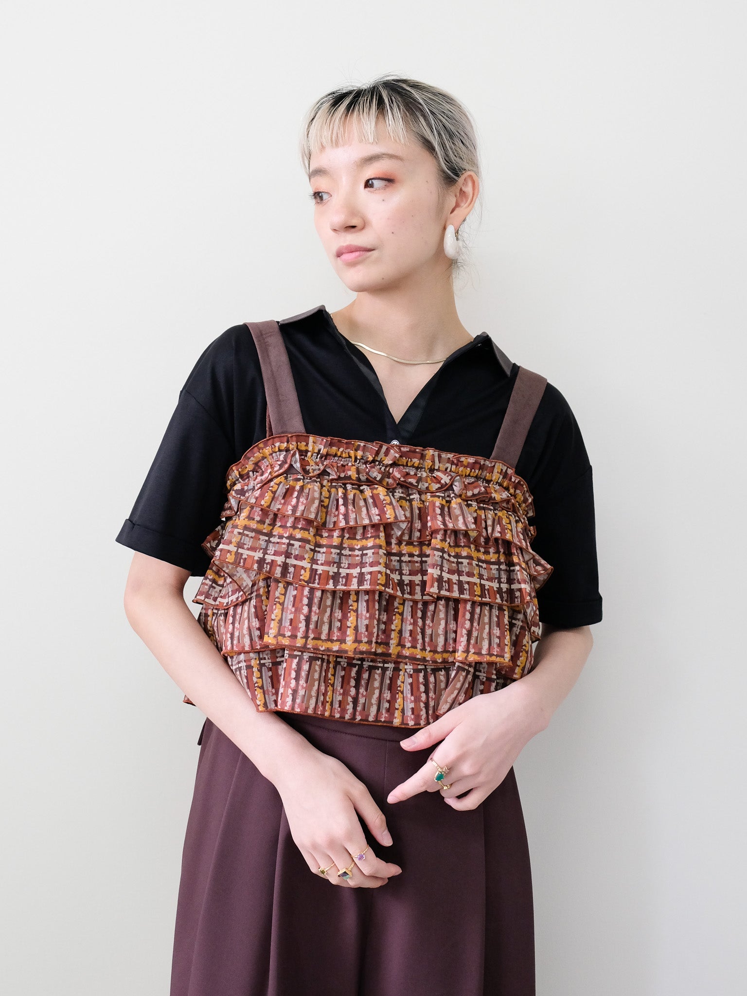 チェックプリントフリルティアードビスチェ [603335] brown