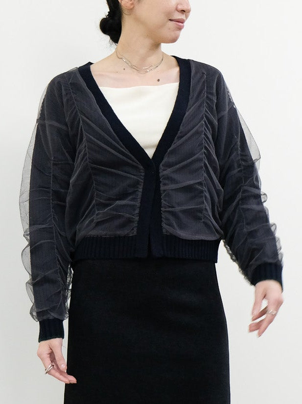 【予約商品】配色チュールレイヤードニットカーディガン [601409] dark navy
