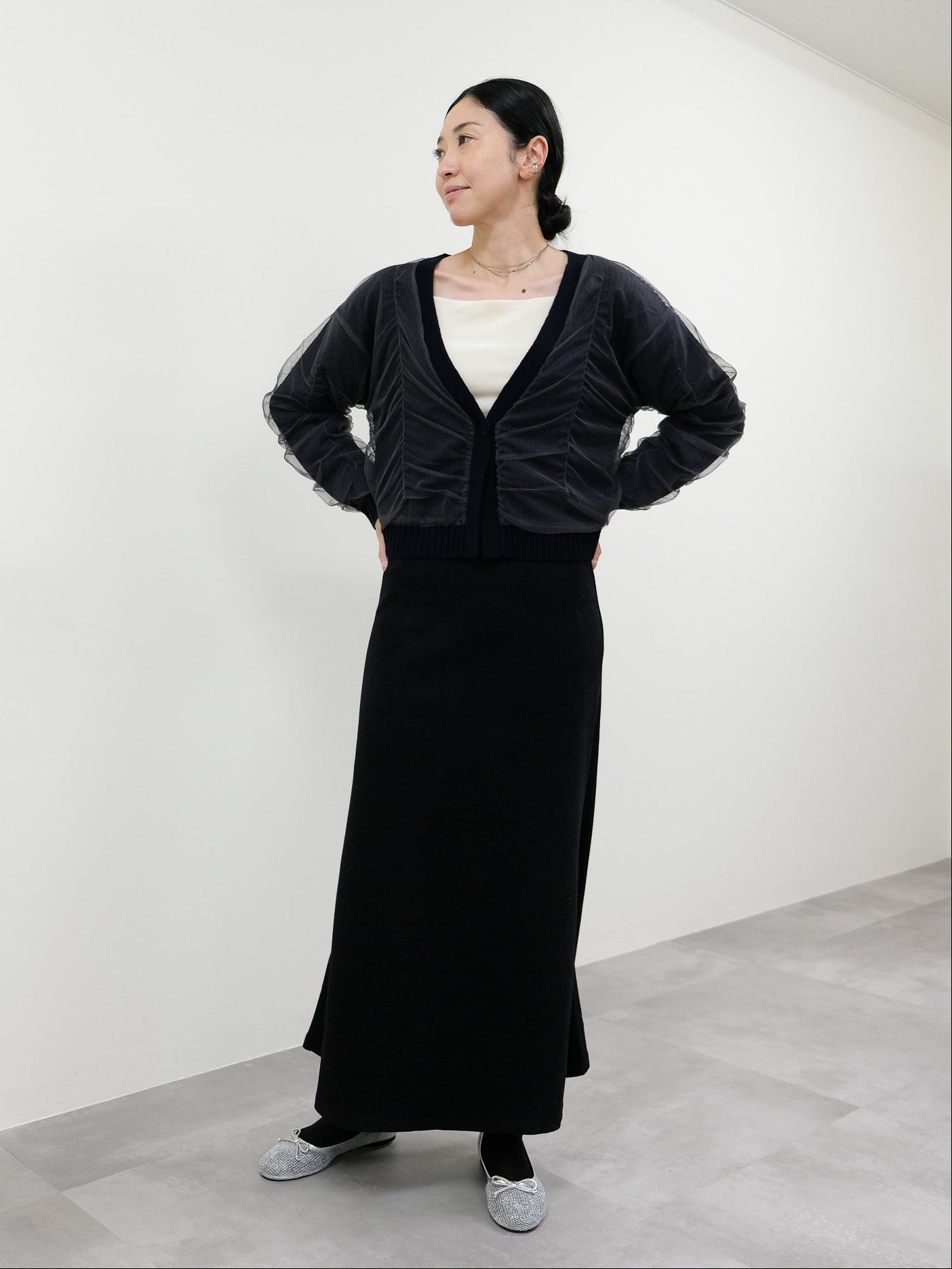 【予約商品】配色チュールレイヤードニットカーディガン [601409] dark navy