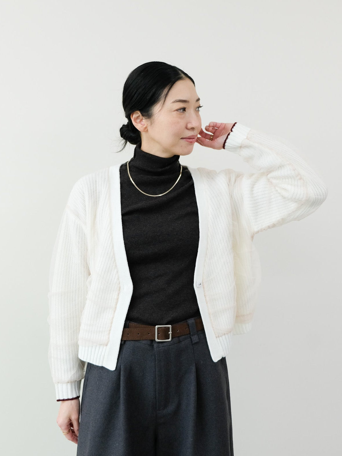 【予約商品】配色チュールレイヤードニットカーディガン [601409] off white