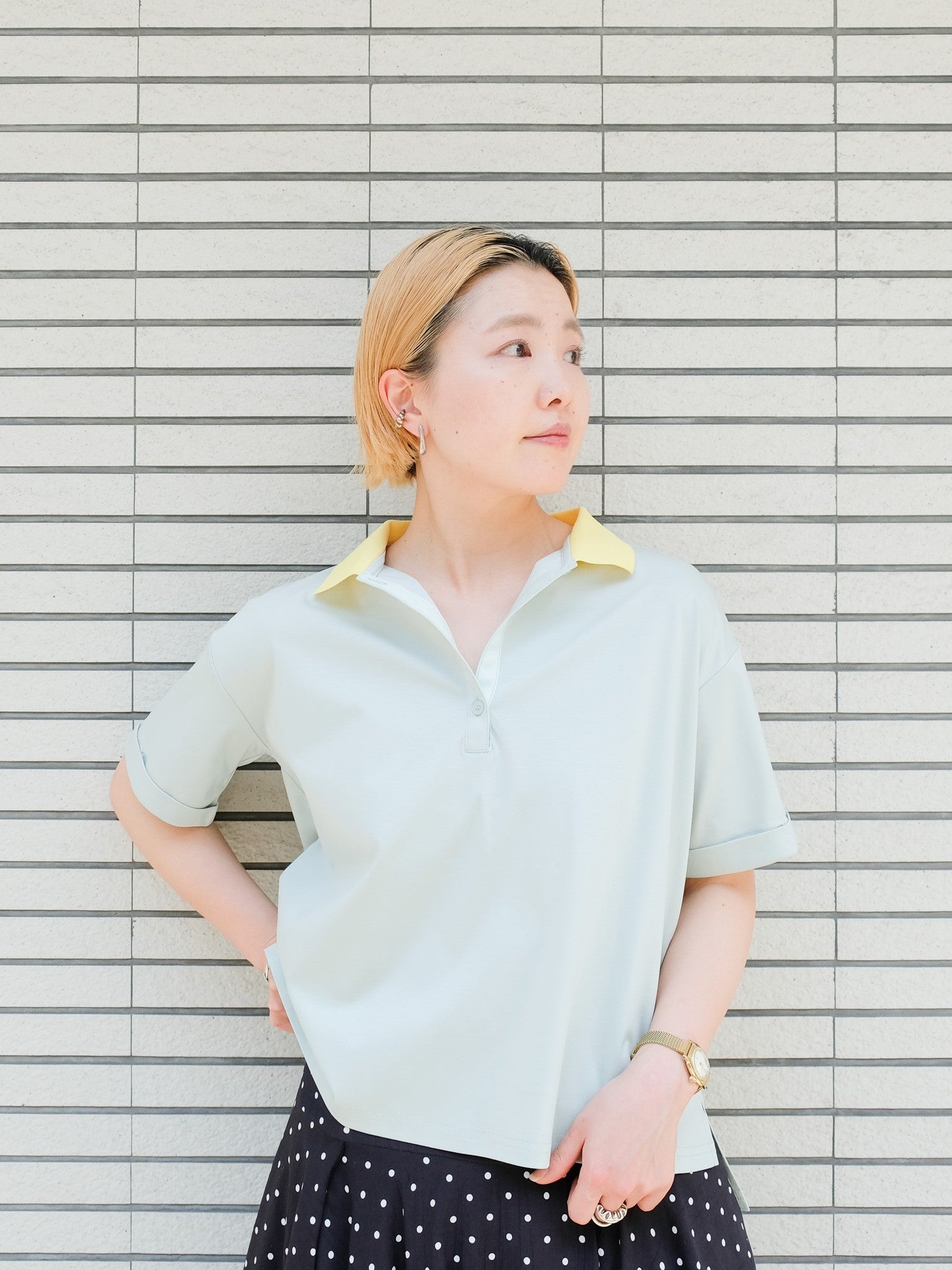 Contrast Polo Top(配色ポロトップス)[601576]mint×yellow