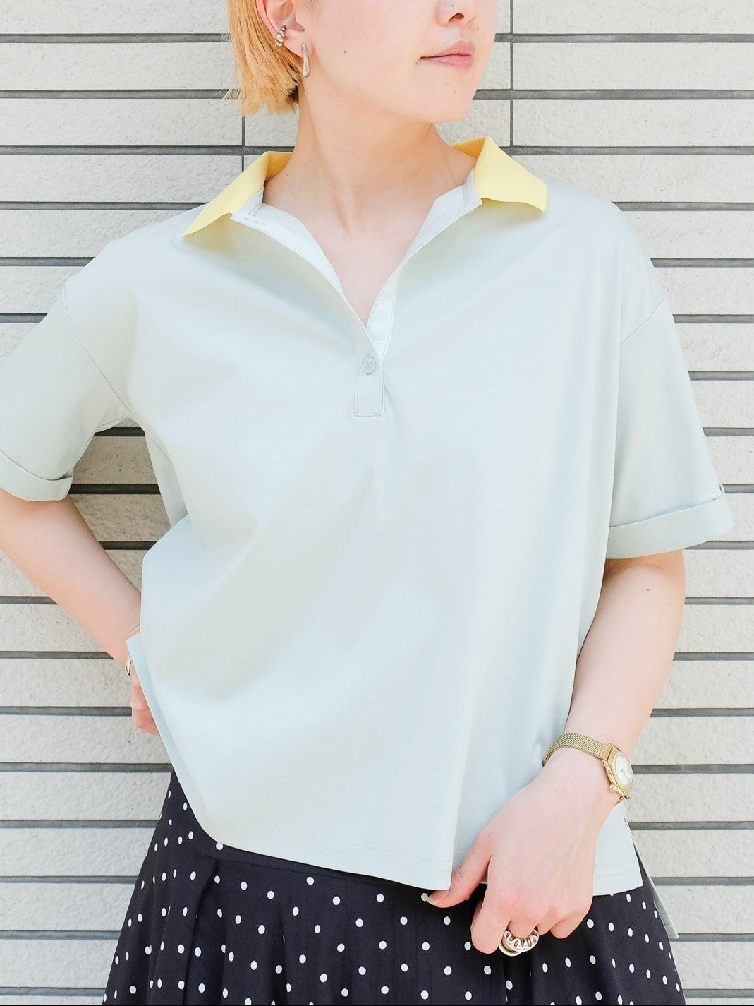 Contrast Polo Top(配色ポロトップス)[601576]mint×yellow