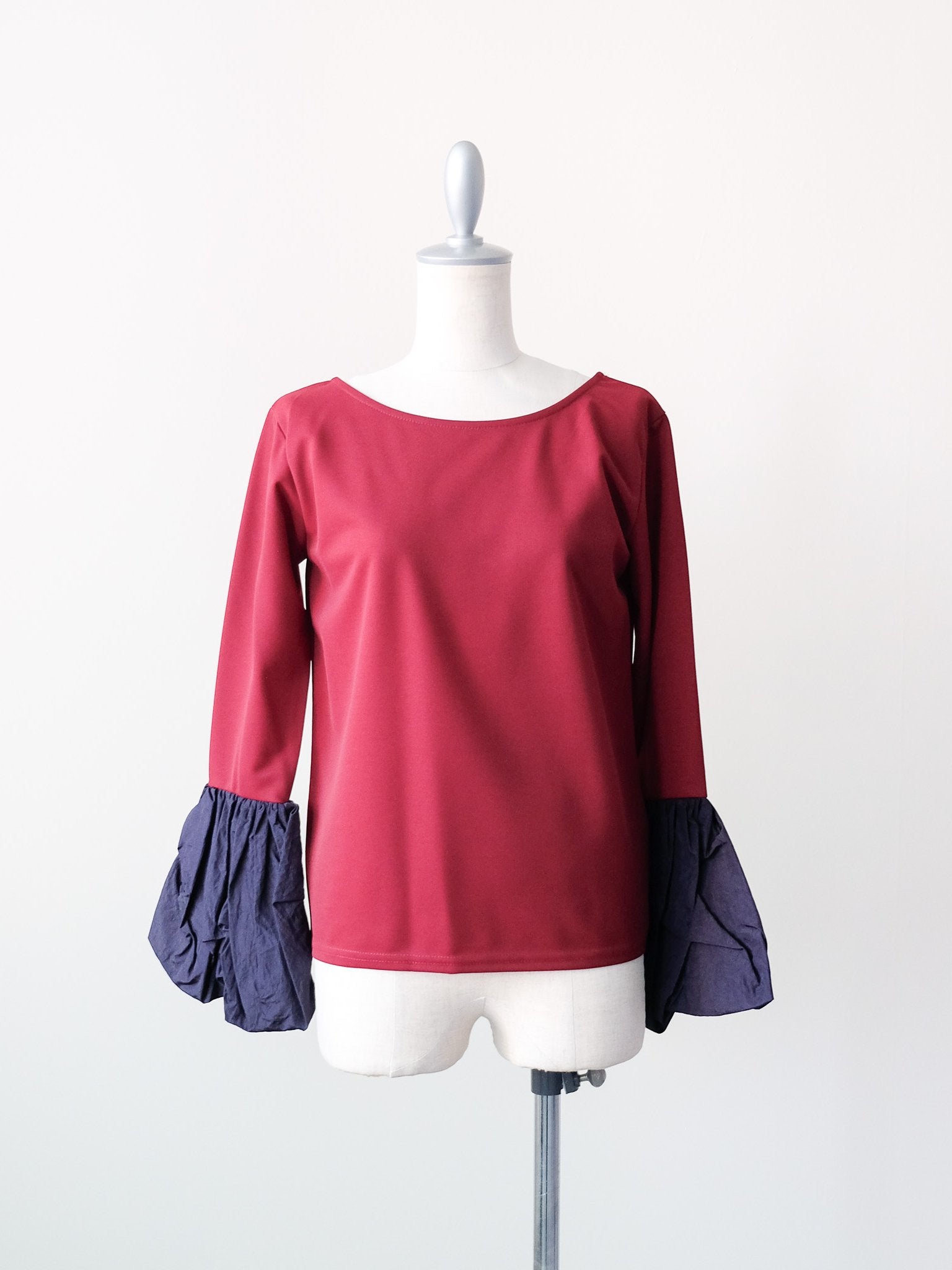 配色バルーンスリーブトップス [601371] wine red