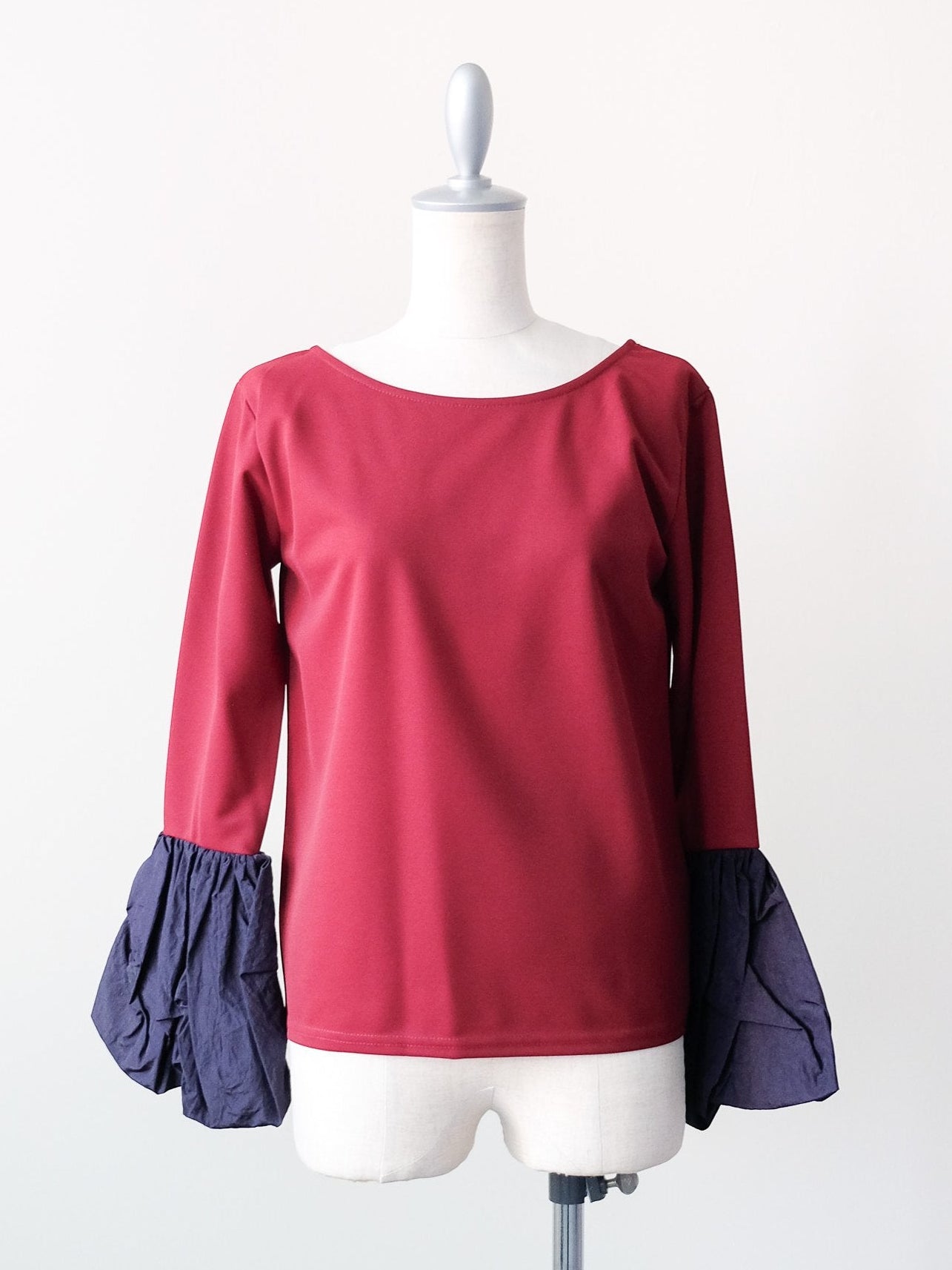 配色バルーンスリーブトップス [601371] wine red