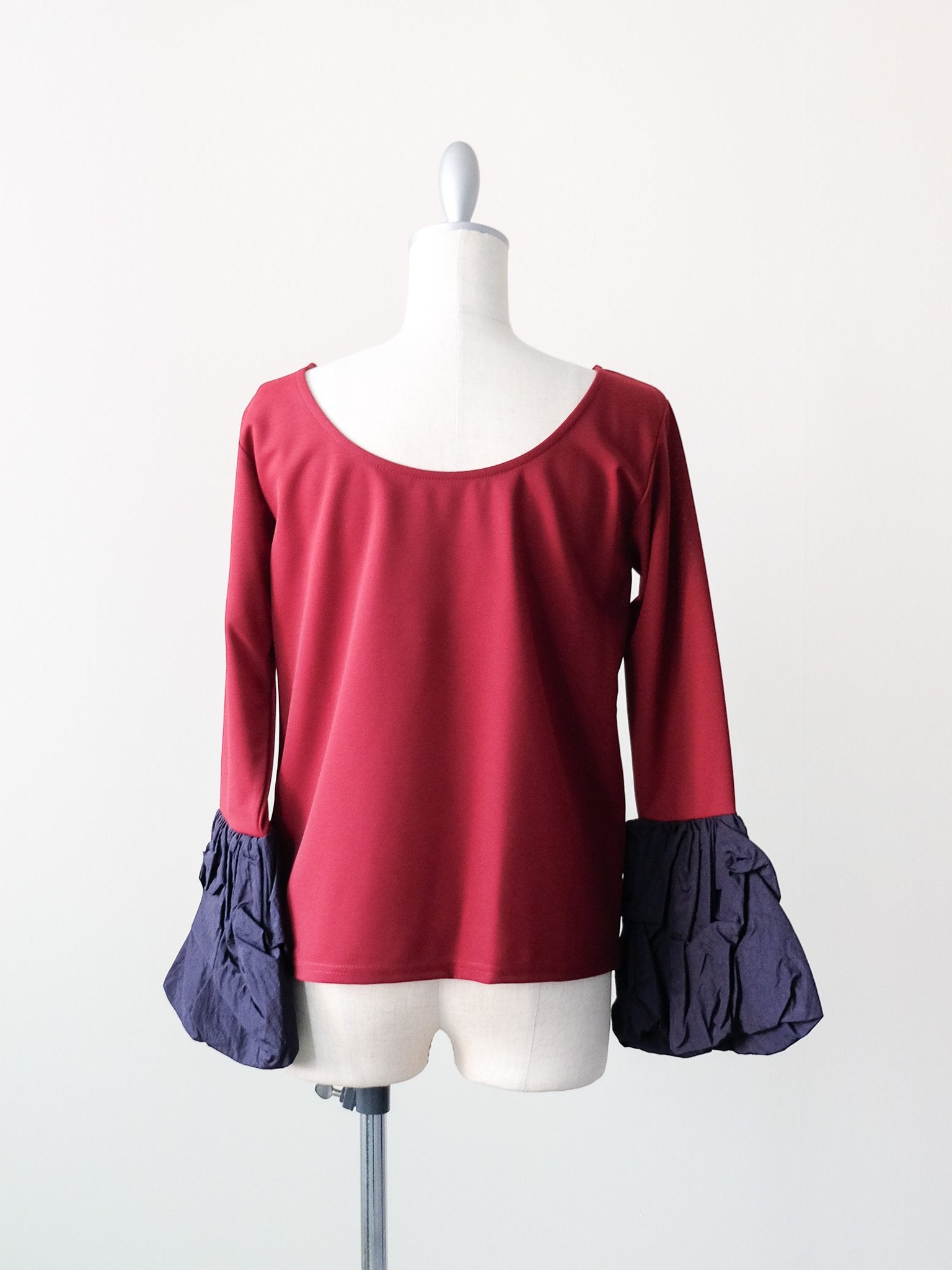 配色バルーンスリーブトップス [601371] wine red