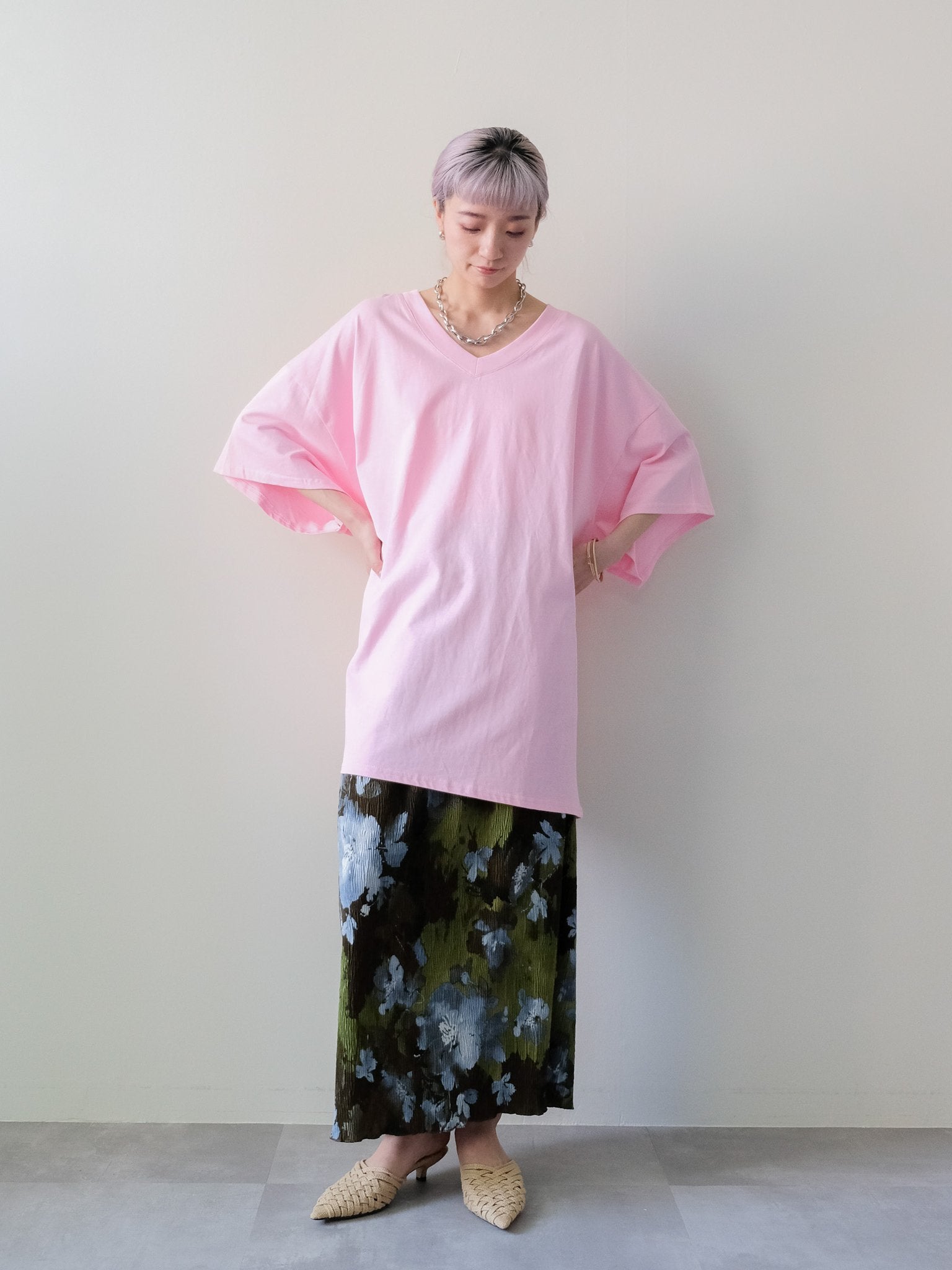 Loose V-neck Half Sleeve T-shirt(ルーズVネックハーフスリーブTシャツ)[601598]pink