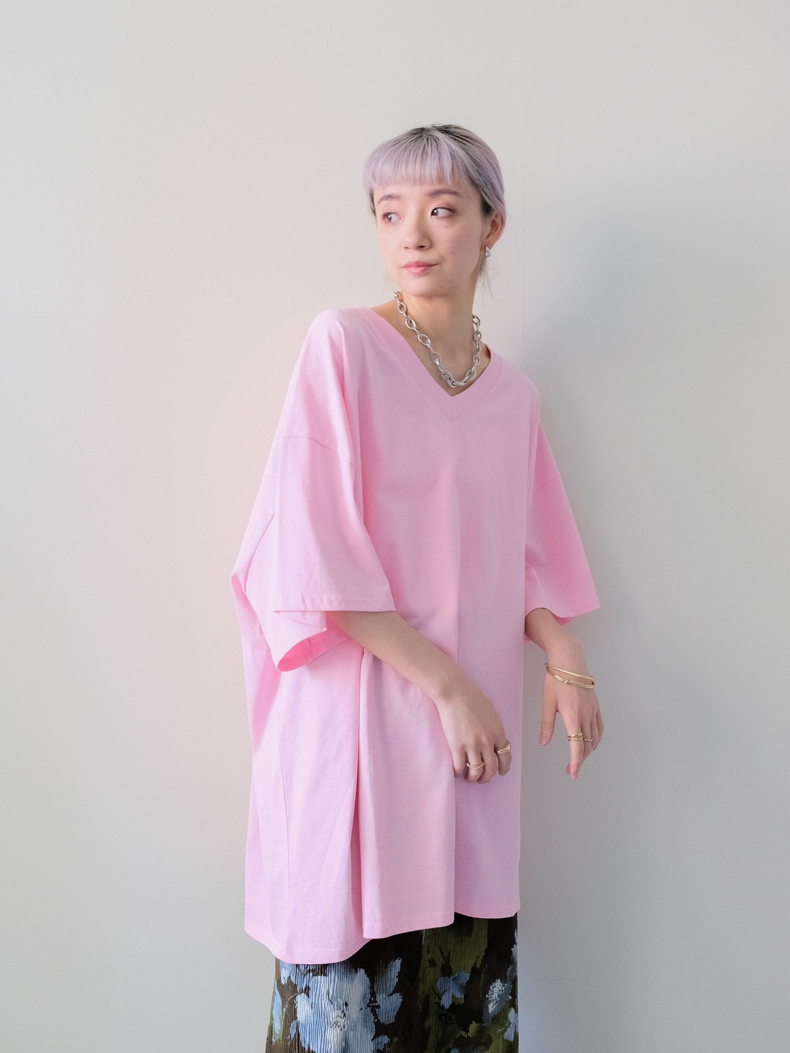 Loose V-neck Half Sleeve T-shirt(ルーズVネックハーフスリーブTシャツ)[601598]pink