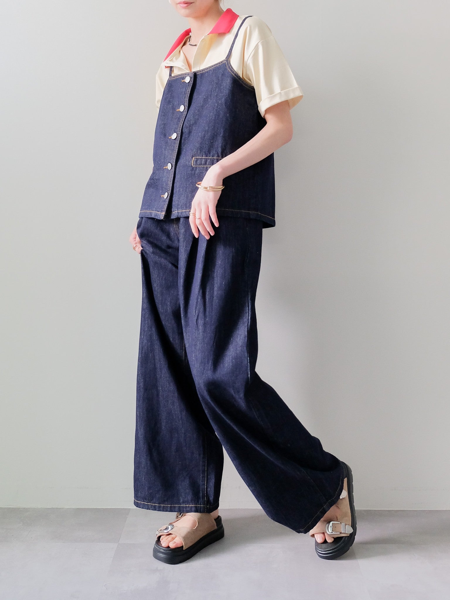 Contrast Polo Top(配色ポロトップス)[601576]yellow×red
