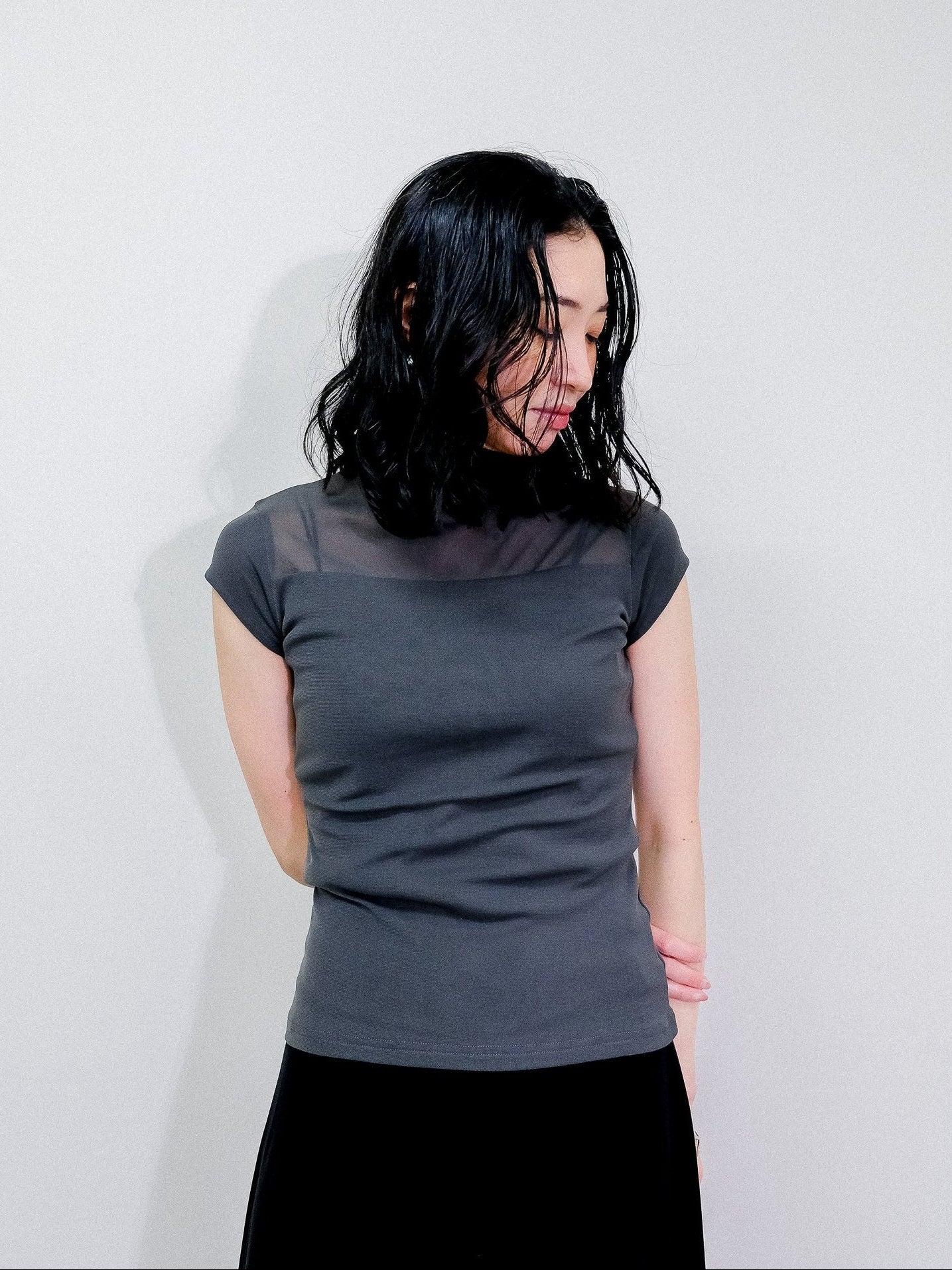 Sheer High Neck Top [603399] khaki(35)